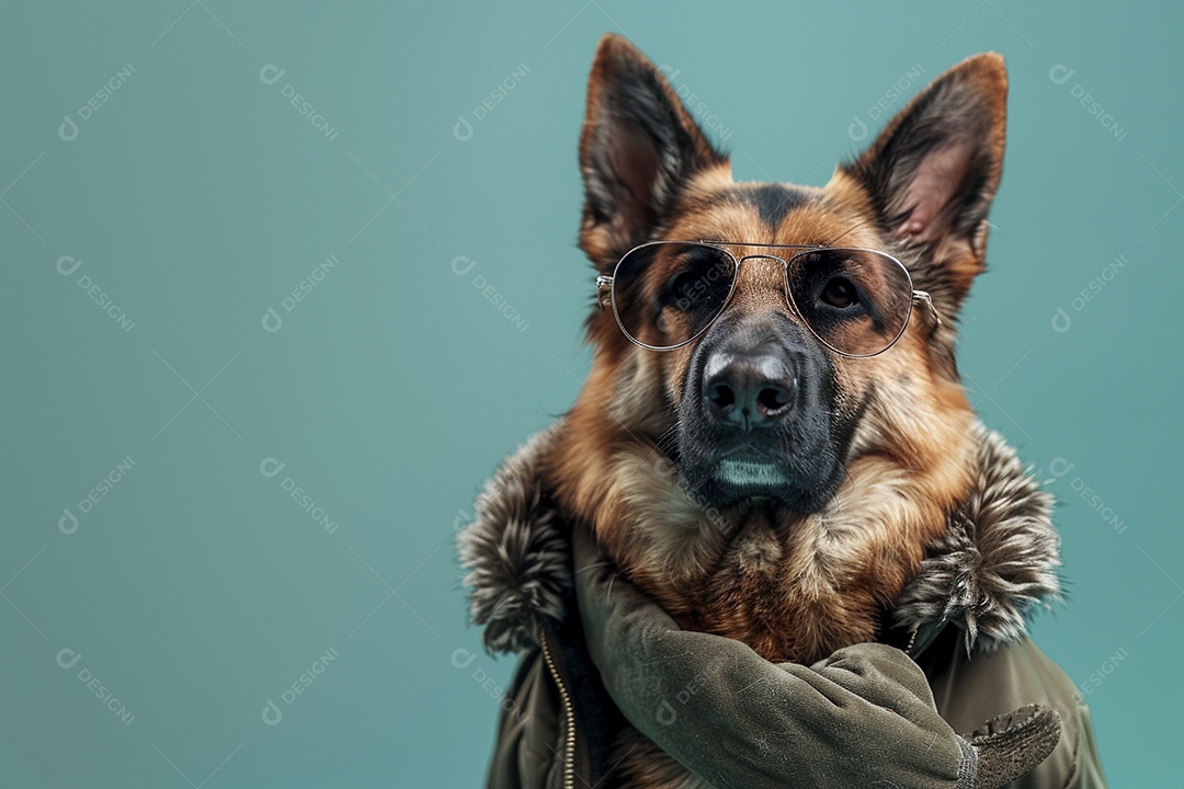 Cão pastor alemão vestindo roupas e óculos de sol em fundo isolado