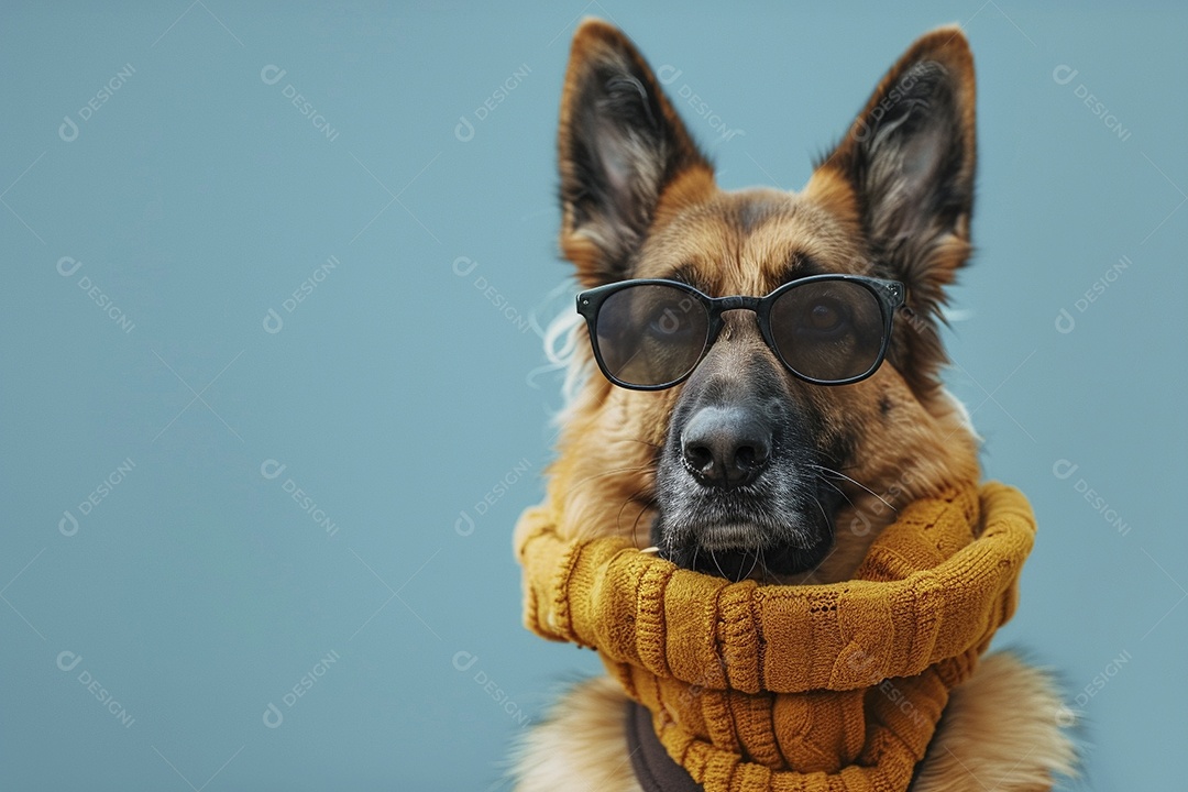 Cão pastor alemão vestindo roupas e óculos de sol em fundo isolado