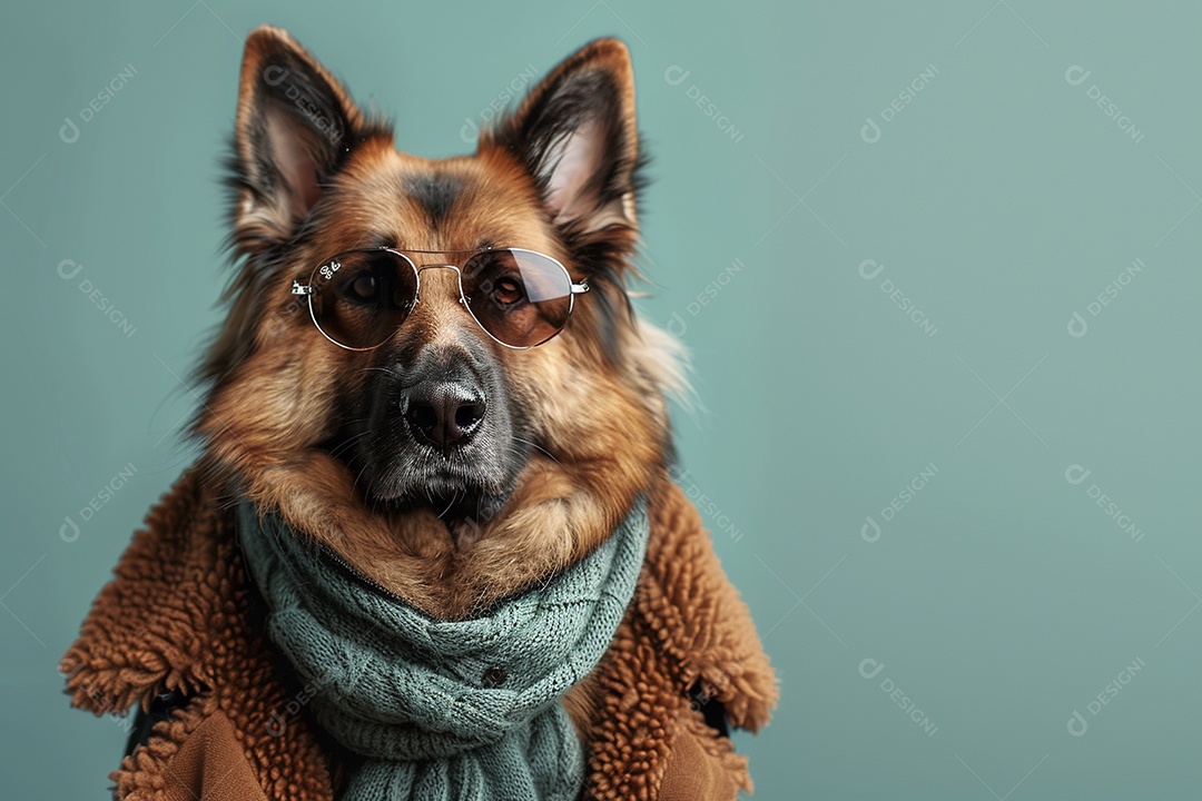 Cão pastor alemão vestindo roupas e óculos de sol em fundo isolado