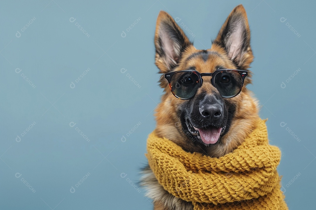 Cão pastor alemão vestindo roupas e óculos de sol em fundo isolado