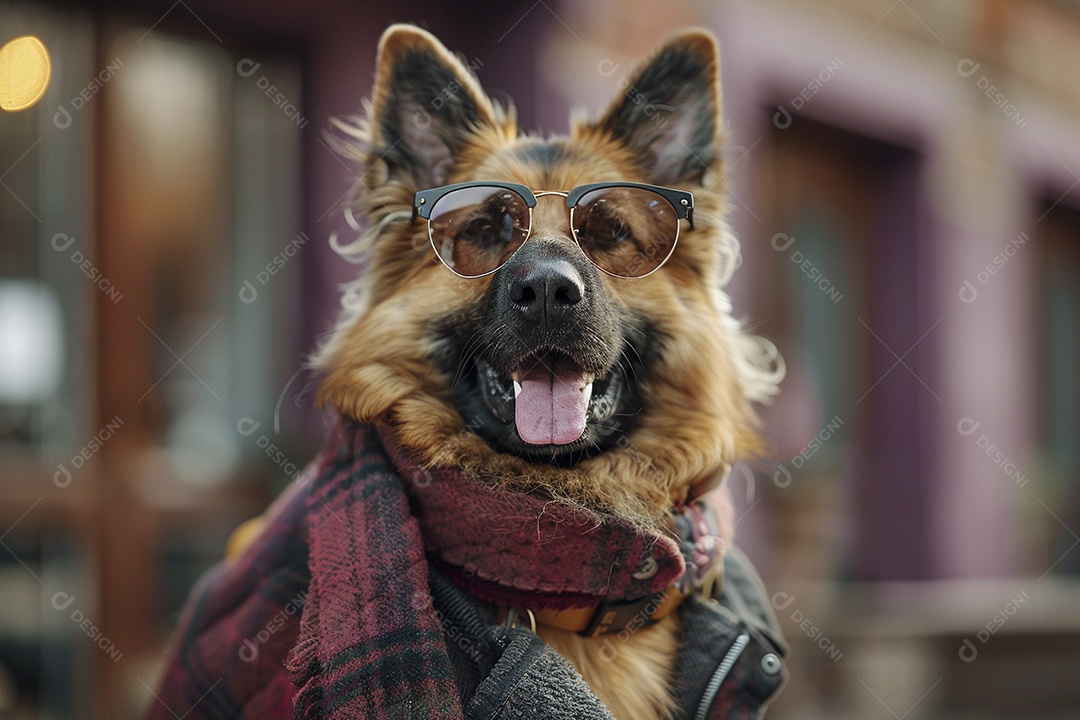 Cão pastor alemão vestindo roupas e óculos de sol em fundo isolado