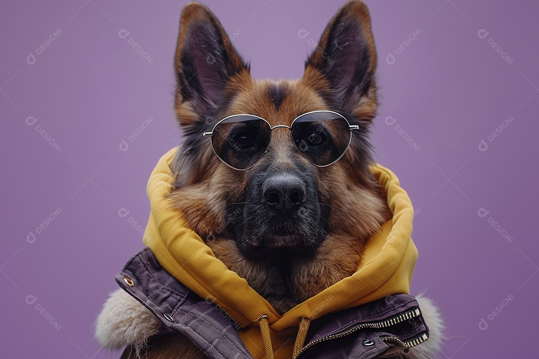 Cão pastor alemão vestindo roupas e óculos de sol em fundo roxo