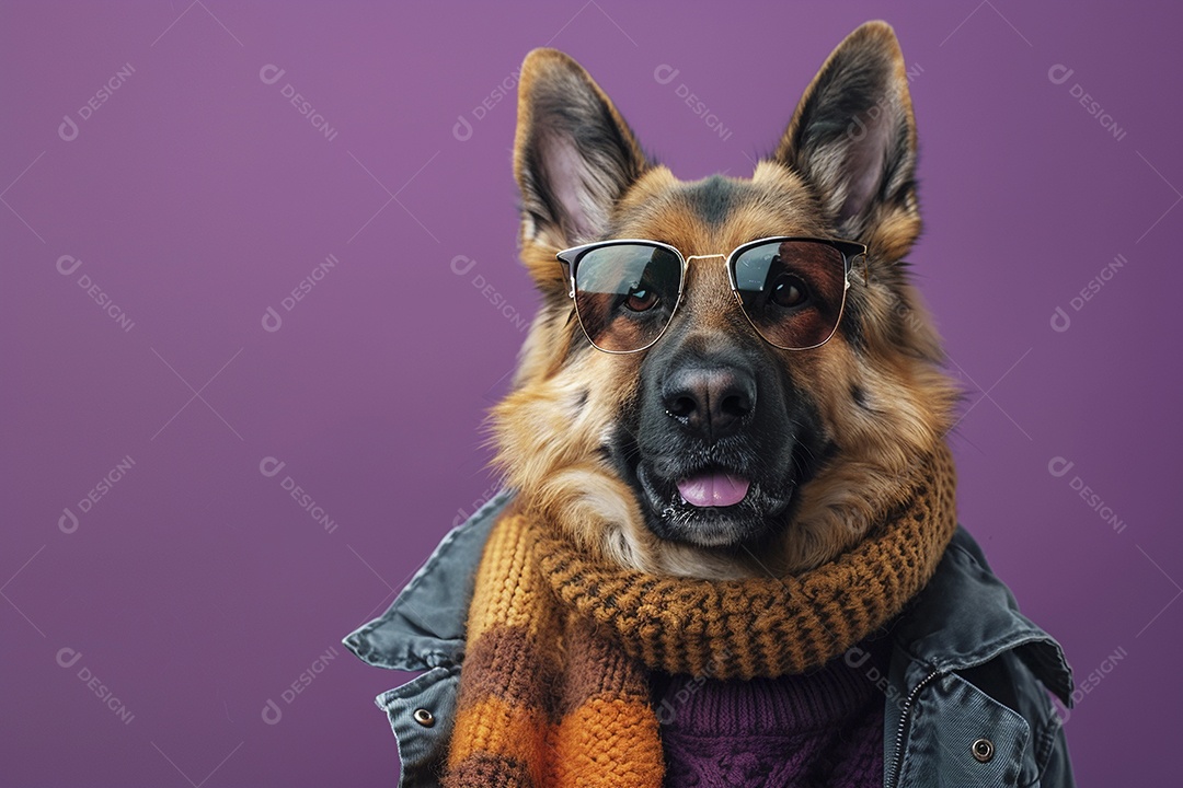 Cão pastor alemão vestindo roupas e óculos de sol em fundo roxo