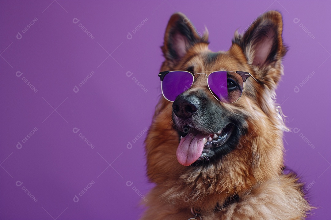 Cão pastor alemão vestindo roupas e óculos de sol em fundo roxo