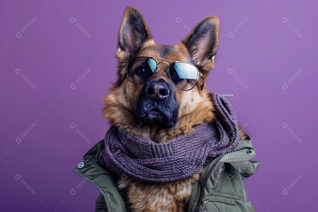 Cão pastor alemão vestindo roupas e óculos de sol em fundo roxo