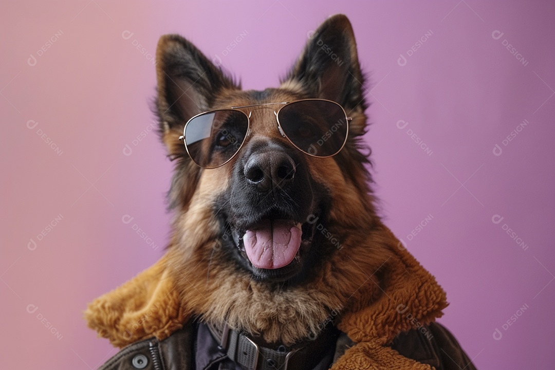 Cão pastor alemão vestindo roupas e óculos de sol em fundo roxo