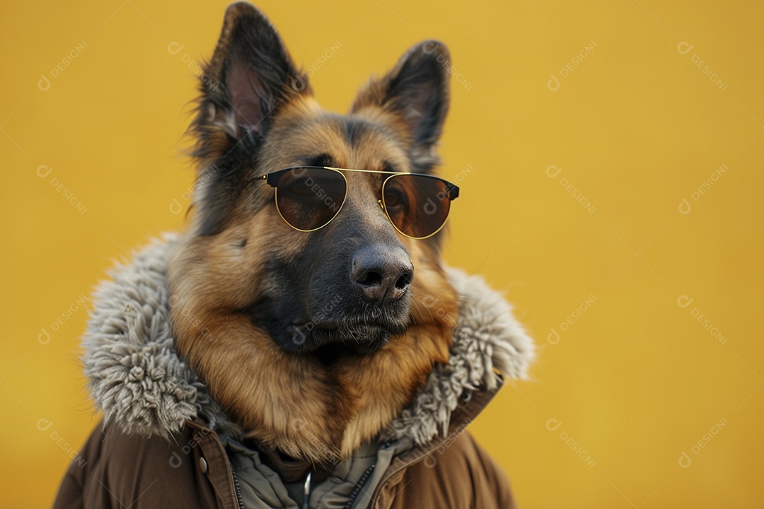 Cão pastor alemão vestindo roupas e óculos de sol em fundo amarelo