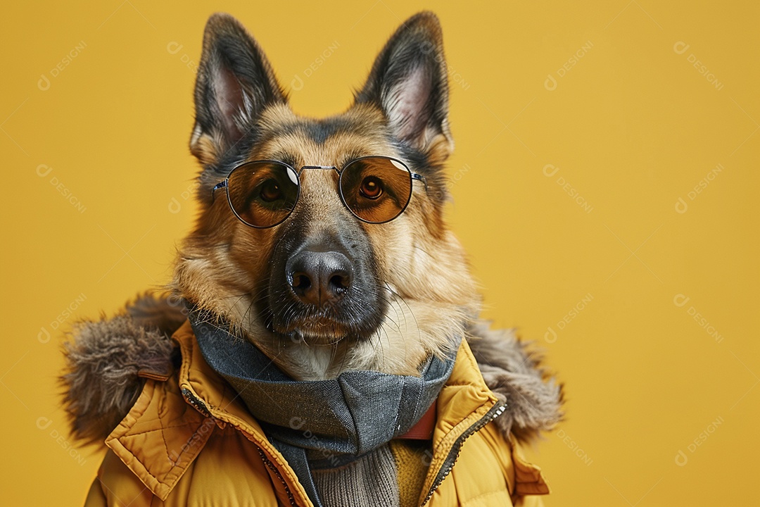 Cão pastor alemão vestindo roupas e óculos de sol em fundo amarelo
