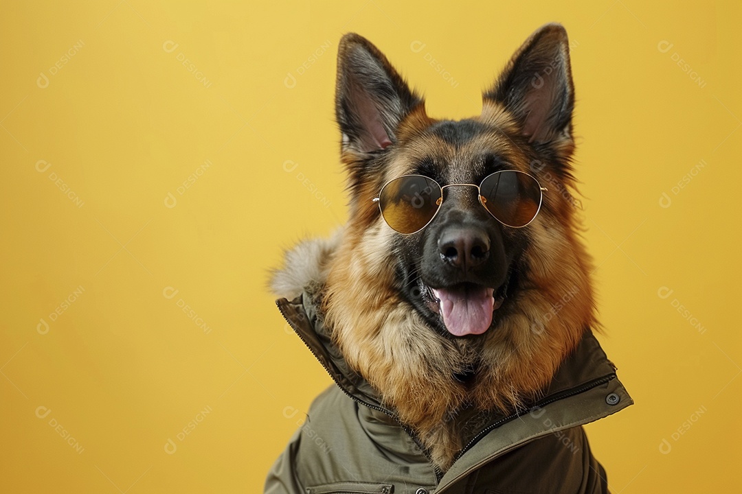 Cão pastor alemão vestindo roupas e óculos de sol em fundo amarelo