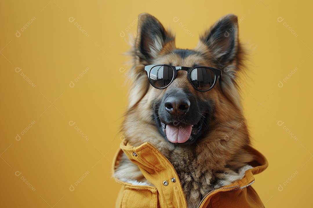 Cão pastor alemão vestindo roupas e óculos de sol em fundo amarelo