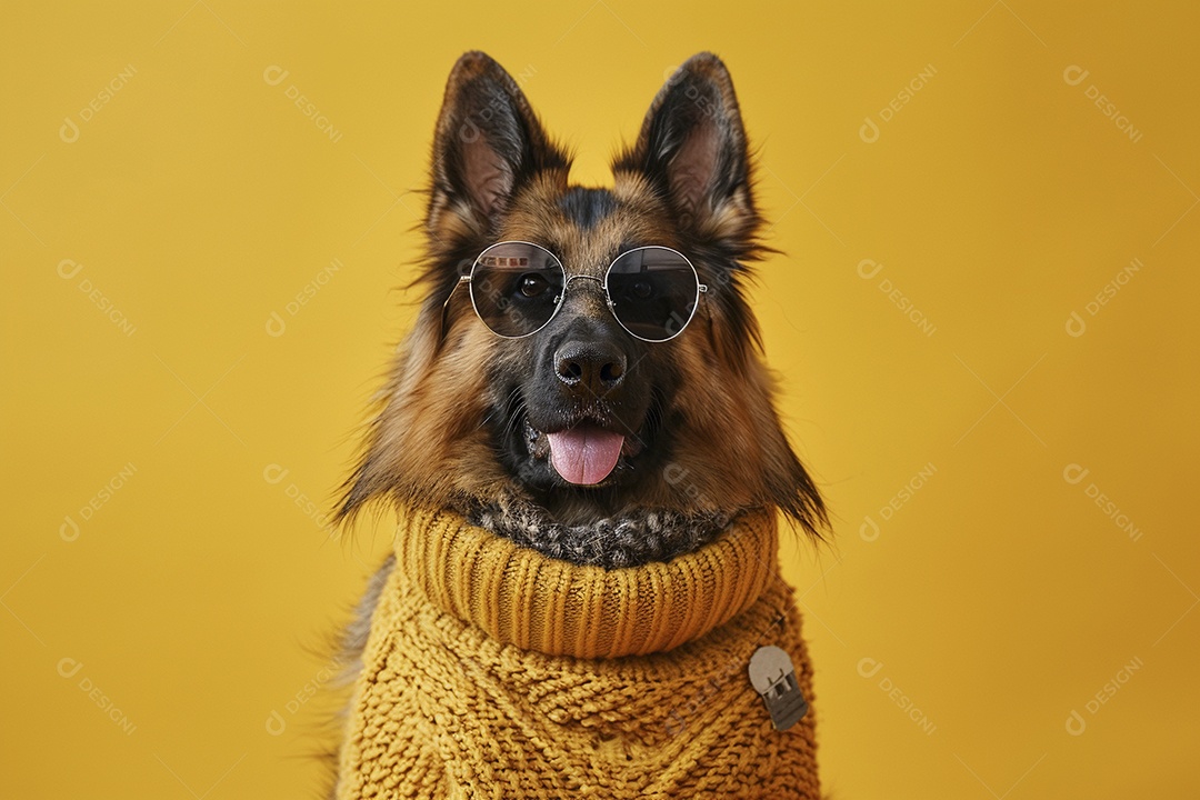 Cão pastor alemão vestindo roupas e óculos de sol em fundo amarelo