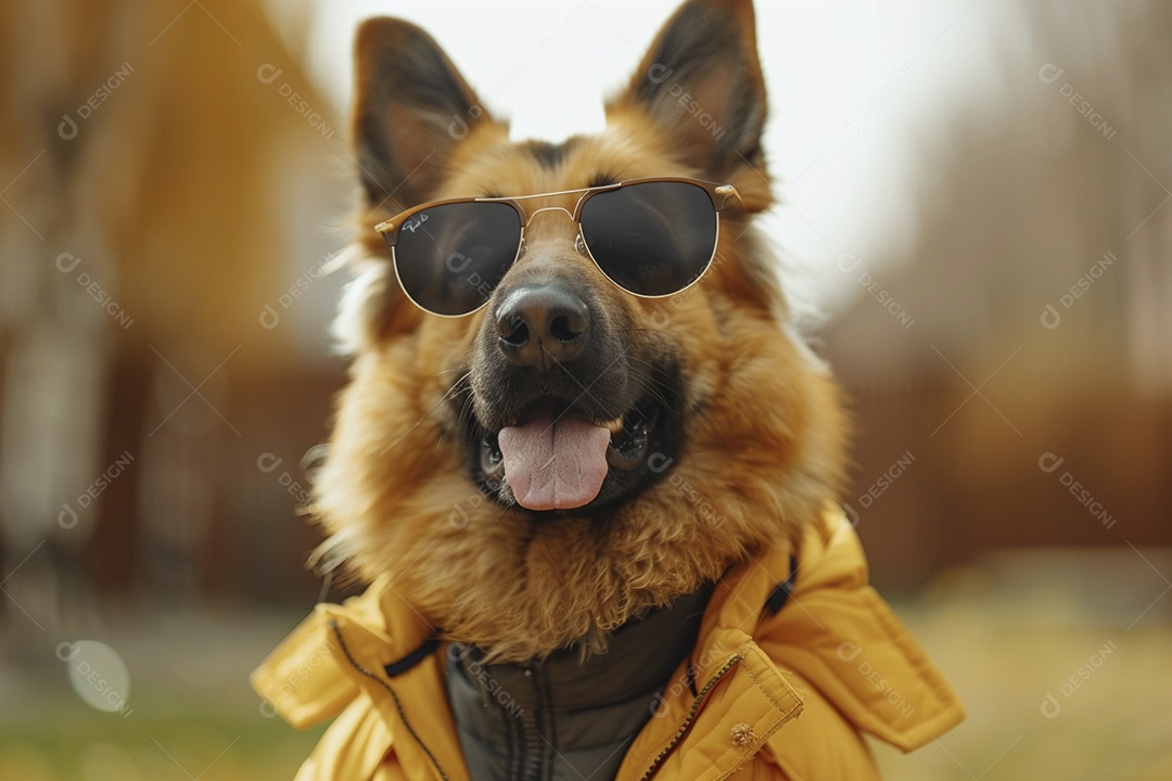 Cão pastor alemão vestindo roupas e óculos de sol em fundo amarelo