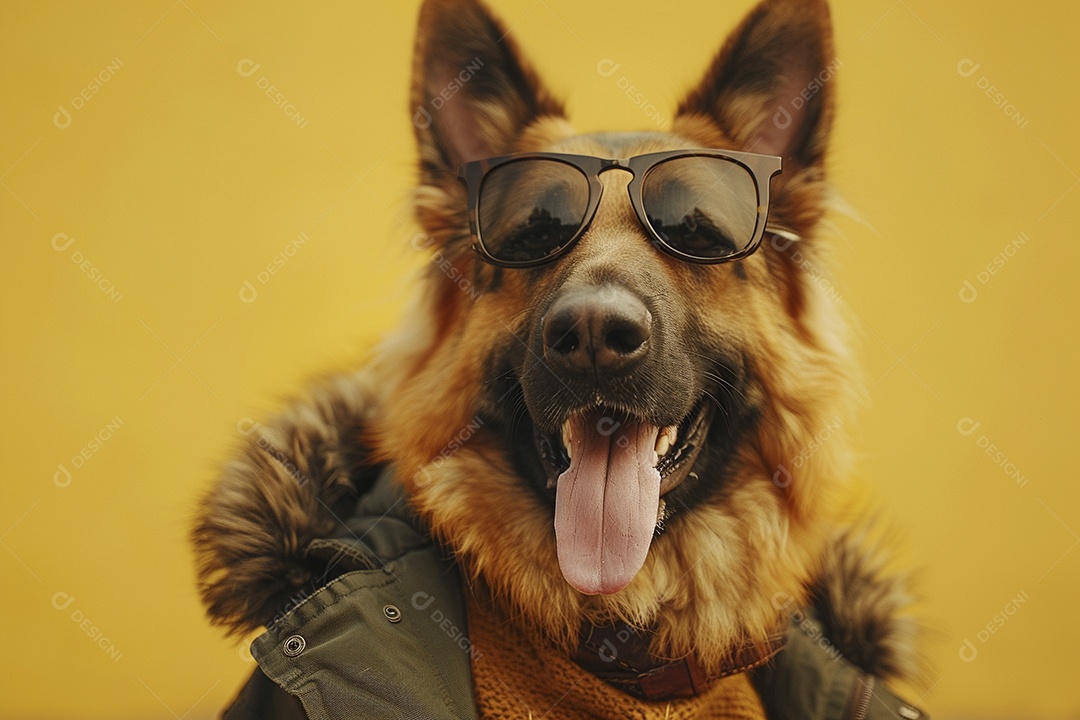 Cão pastor alemão vestindo roupas e óculos de sol em fundo amarelo