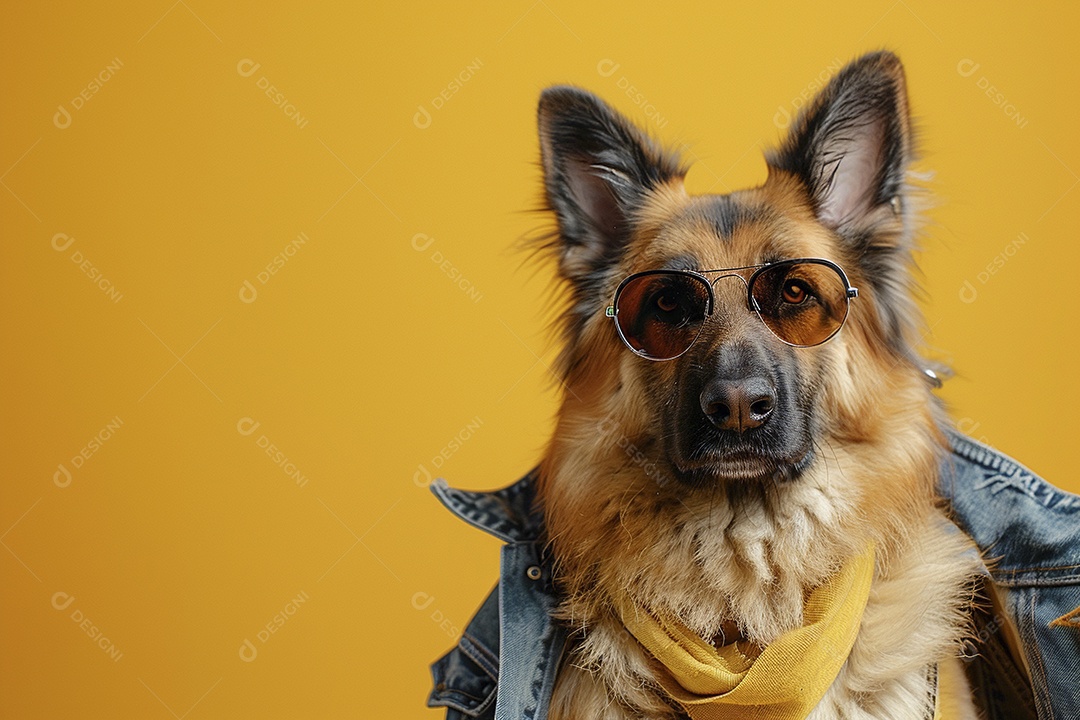 Cão pastor alemão vestindo roupas e óculos de sol em fundo amarelo