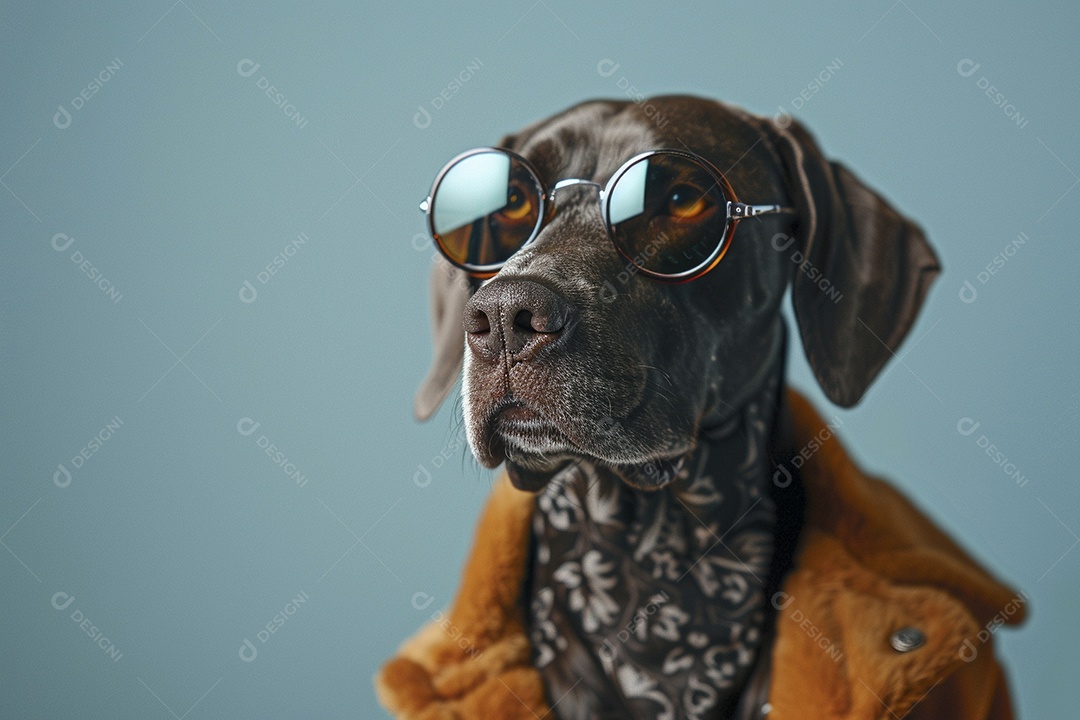 Ponteiro Alemão de Pêlo Curto vestindo roupas e óculos de sol em fundo isolado