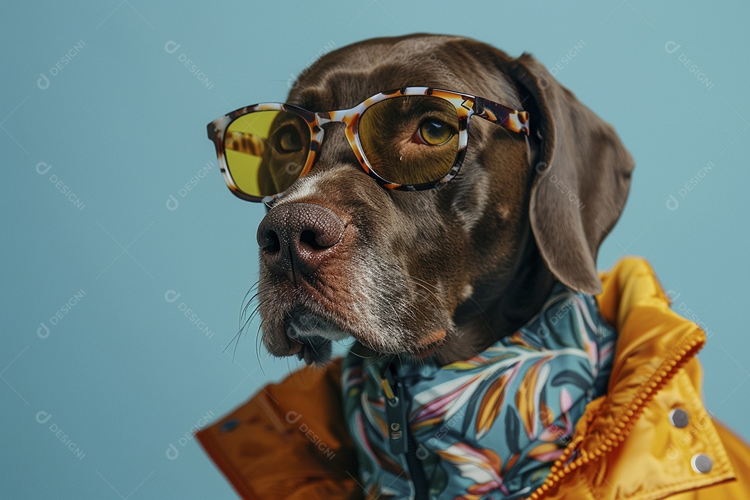Ponteiro Alemão de Pêlo Curto vestindo roupas e óculos de sol em fundo isolado