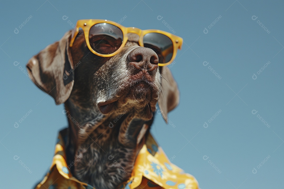 Ponteiro Alemão de Pêlo Curto vestindo roupas e óculos de sol em fundo isolado
