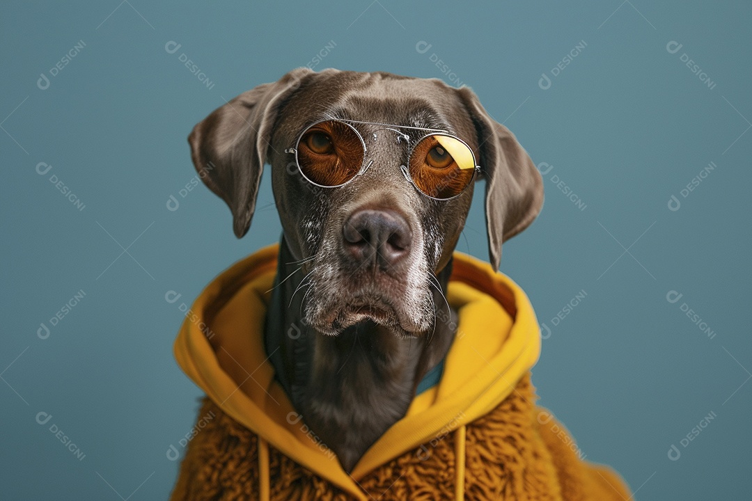 Ponteiro Alemão de Pêlo Curto vestindo roupas e óculos de sol em fundo isolado