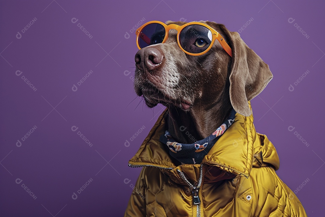 Ponteiro Alemão de Pêlo Curto vestindo roupas e óculos de sol em fundo isolado