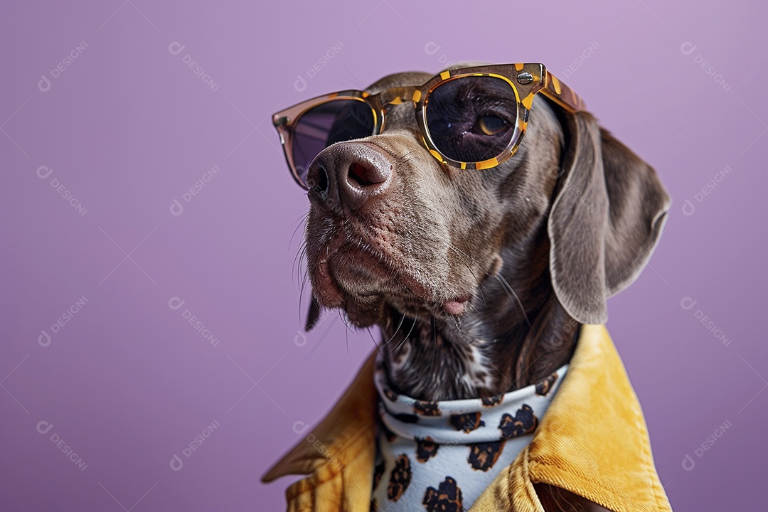 Ponteiro Alemão de Pêlo Curto vestindo roupas e óculos de sol em fundo isolado
