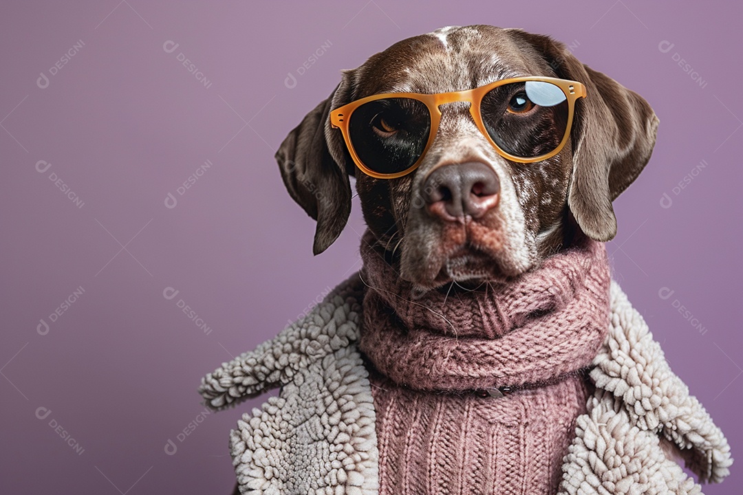 Ponteiro Alemão de Pêlo Curto vestindo roupas e óculos de sol em fundo isolado