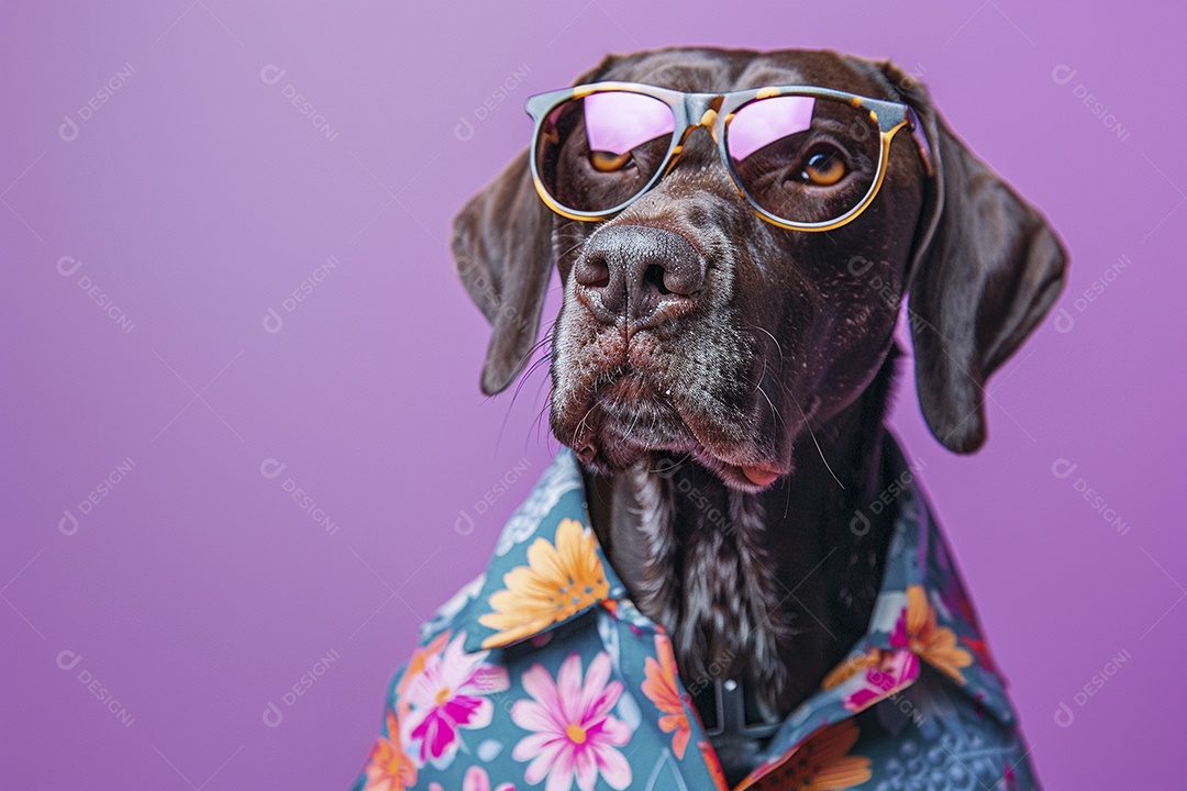 Ponteiro Alemão de Pêlo Curto vestindo roupas e óculos de sol em fundo isolado