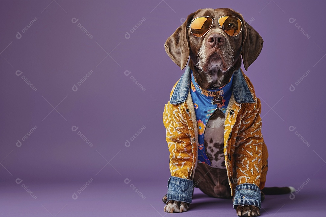 Ponteiro Alemão de Pêlo Curto vestindo roupas e óculos de sol em fundo isolado
