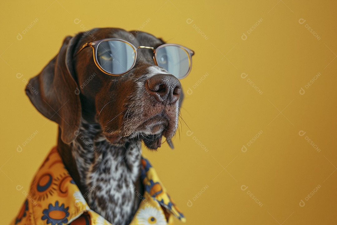 Ponteiro Alemão de Pêlo Curto vestindo roupas e óculos de sol em fundo isolado