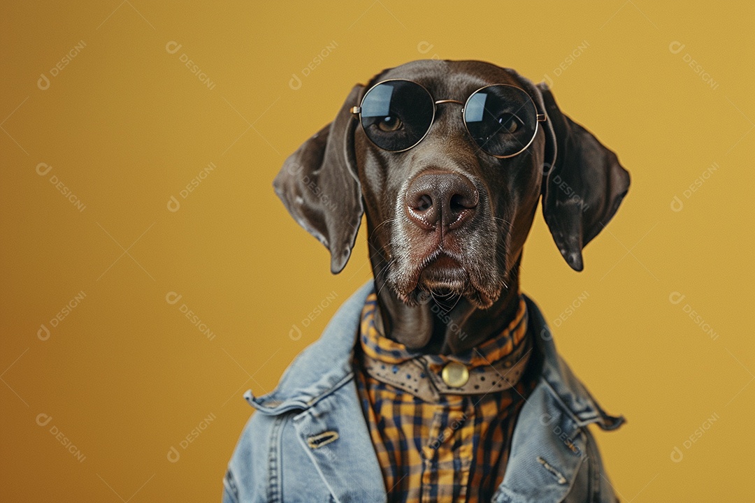 Ponteiro Alemão de Pêlo Curto vestindo roupas e óculos de sol em fundo isolado