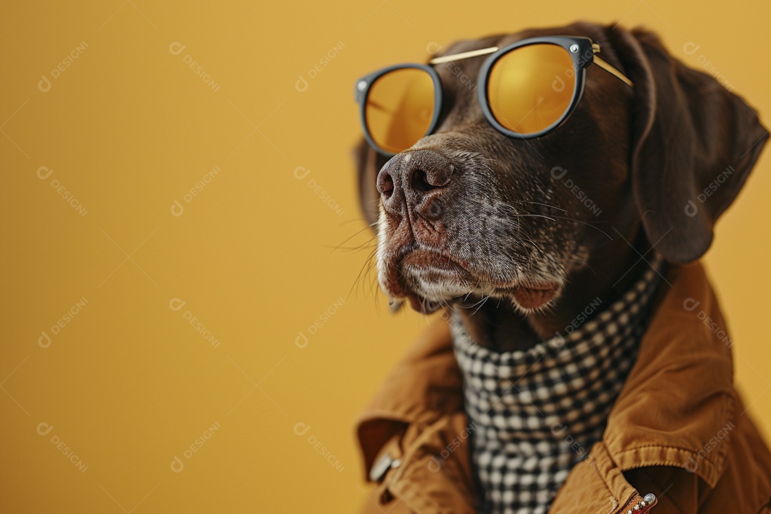 Ponteiro Alemão de Pêlo Curto vestindo roupas e óculos de sol em fundo isolado