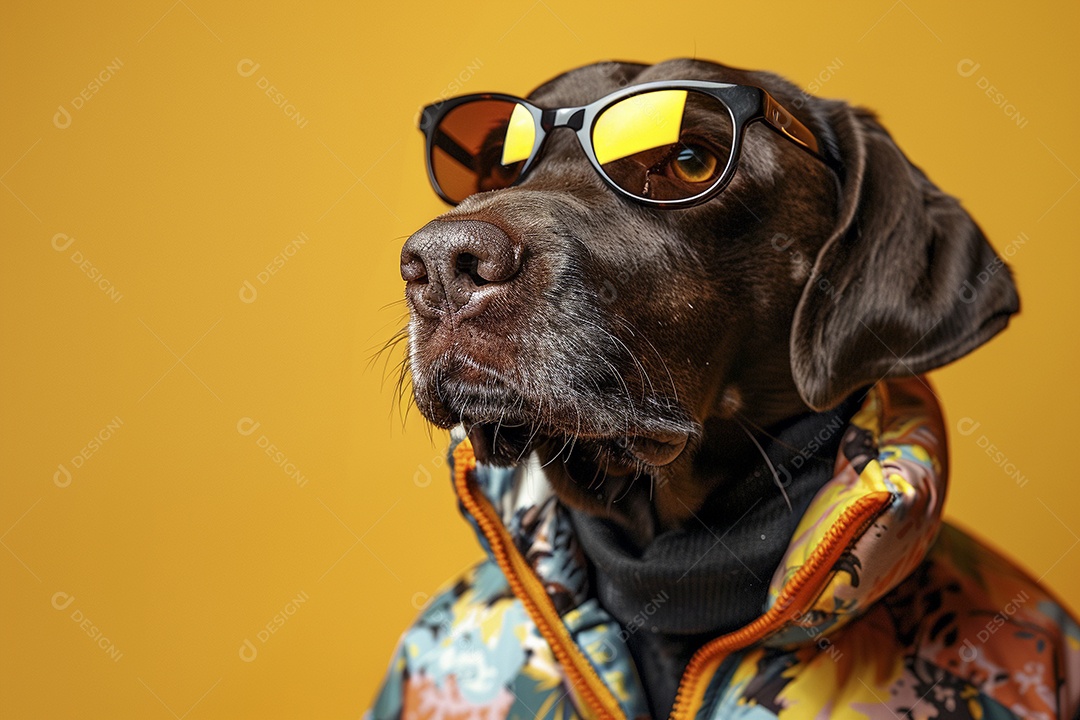 Ponteiro Alemão de Pêlo Curto vestindo roupas e óculos de sol em fundo isolado