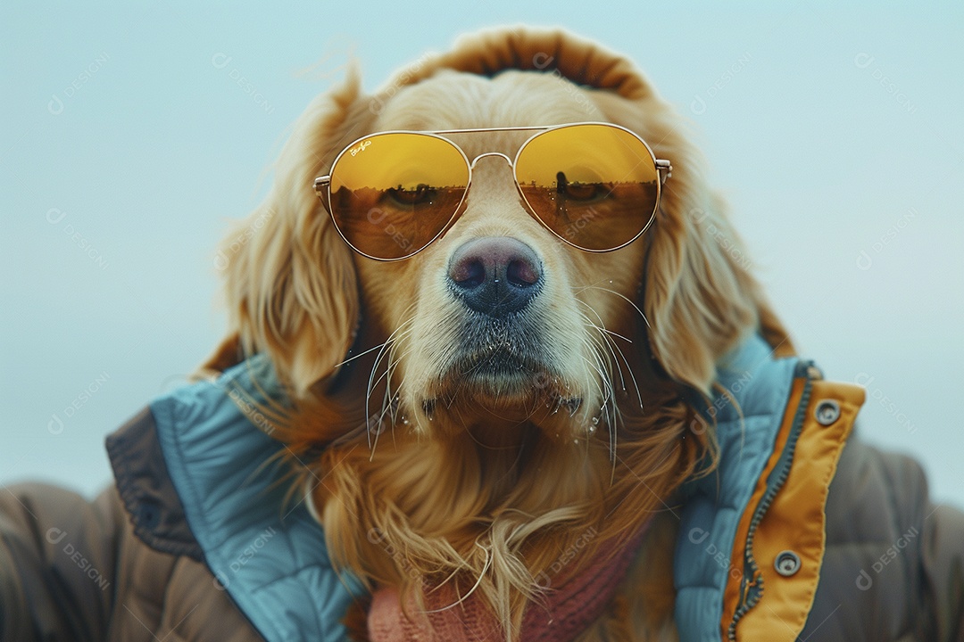 Golden Retriever vestindo roupas e óculos de sol em fundo isolado