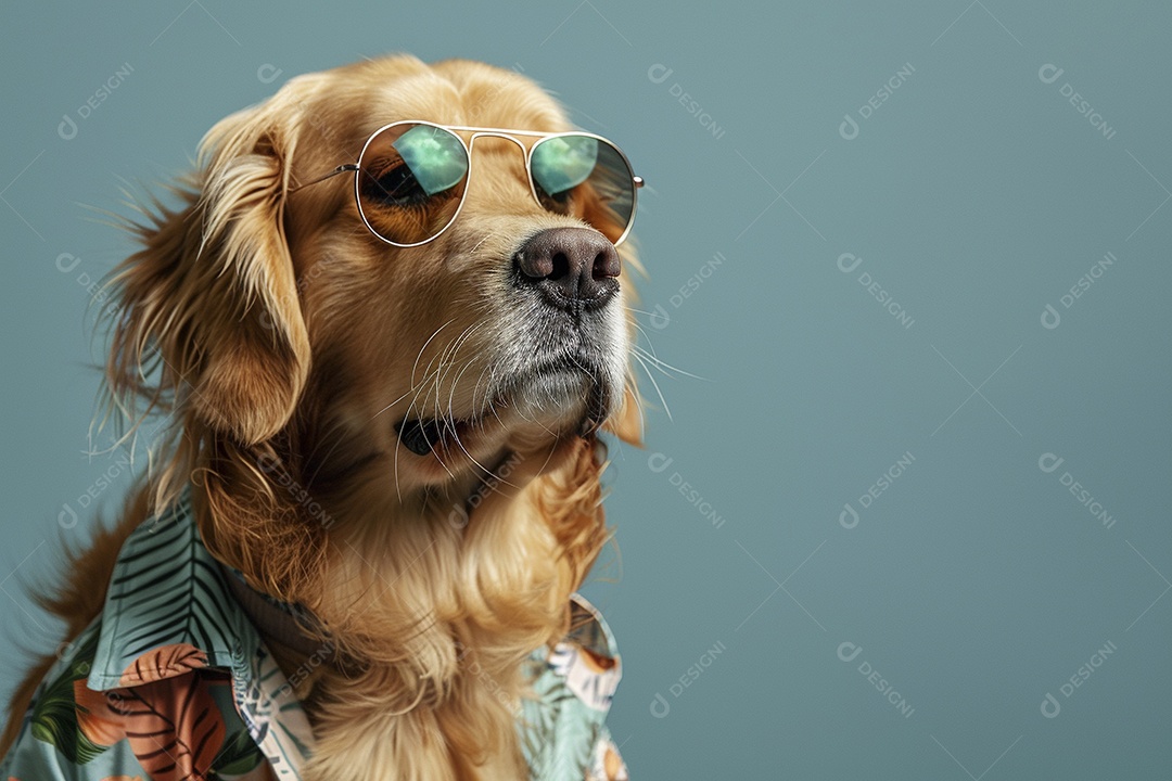 Golden Retriever vestindo roupas e óculos de sol em fundo isolado