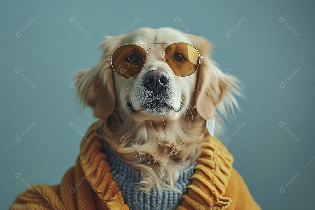Golden Retriever vestindo roupas e óculos de sol em fundo isolado