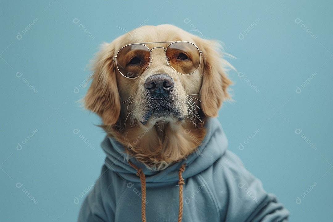 Golden Retriever vestindo roupas e óculos de sol em fundo isolado