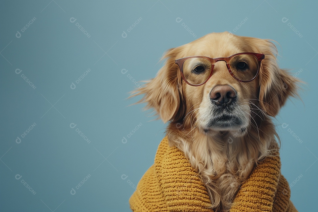 Golden Retriever vestindo roupas e óculos de sol em fundo isolado