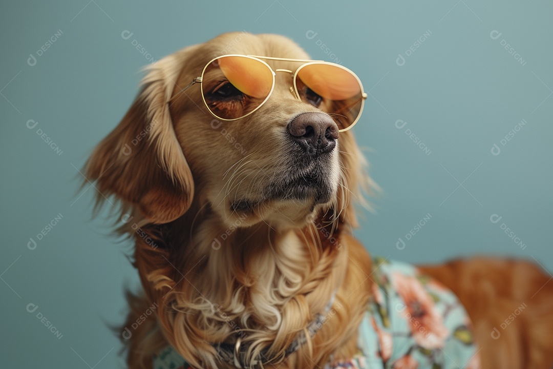 Golden Retriever vestindo roupas e óculos de sol em fundo isolado