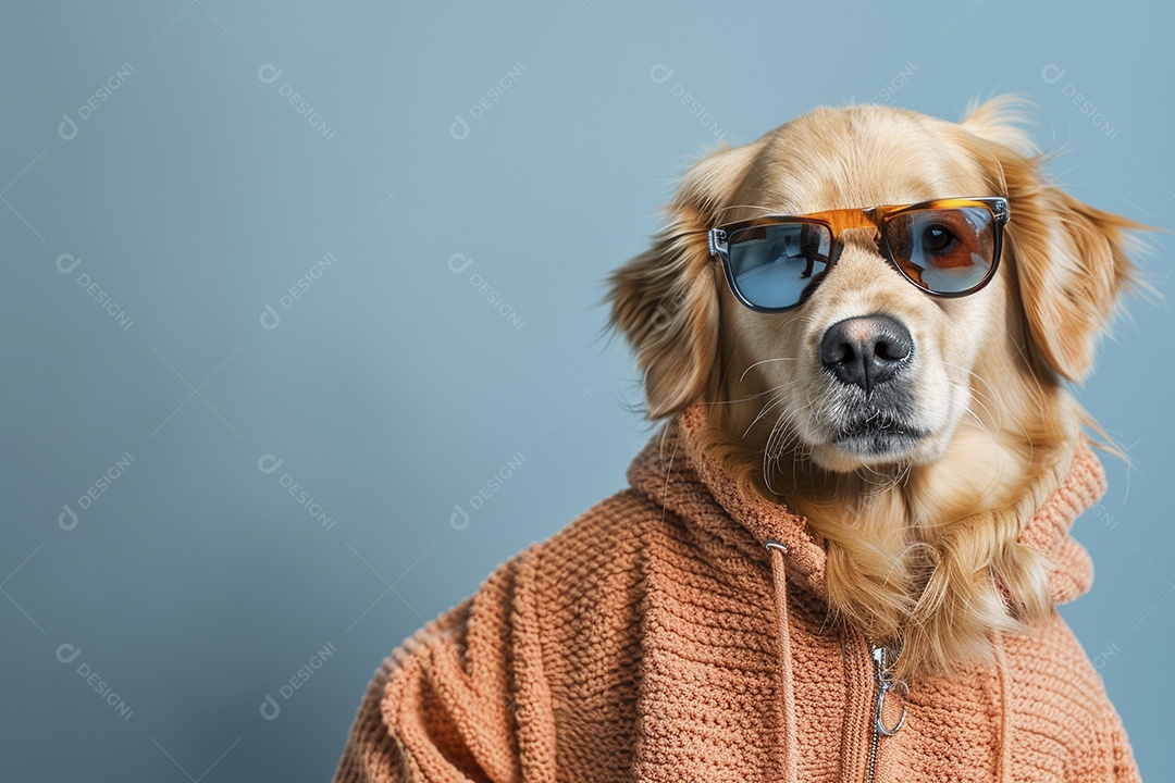 Golden Retriever vestindo roupas e óculos de sol em fundo isolado