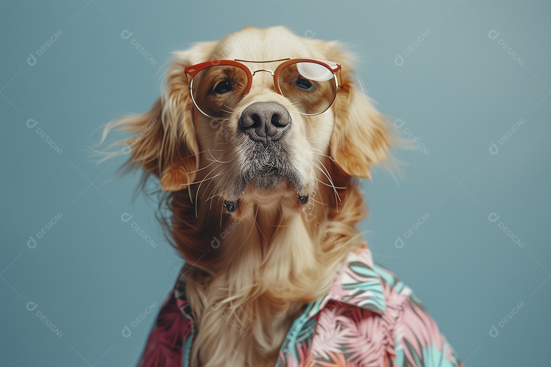 Golden Retriever vestindo roupas e óculos de sol em fundo isolado