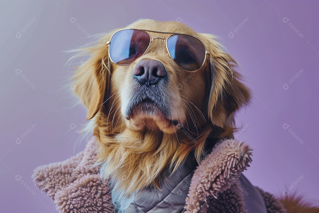 Golden Retriever vestindo roupas e óculos de sol em fundo isolado
