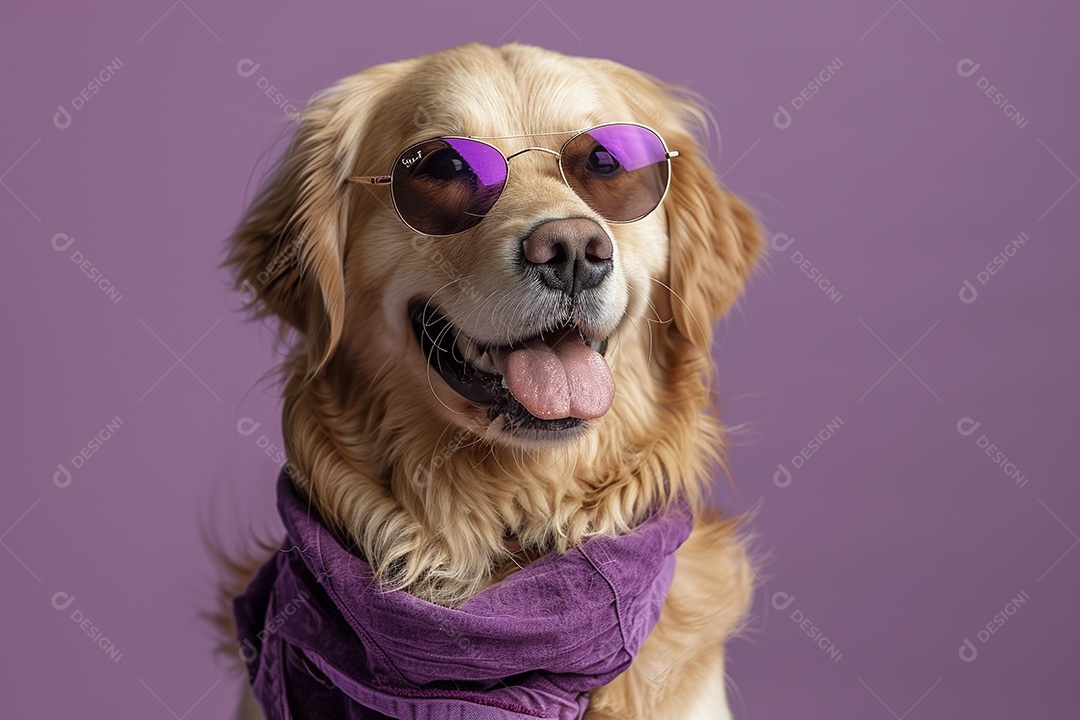 Golden Retriever vestindo roupas e óculos de sol em fundo isolado