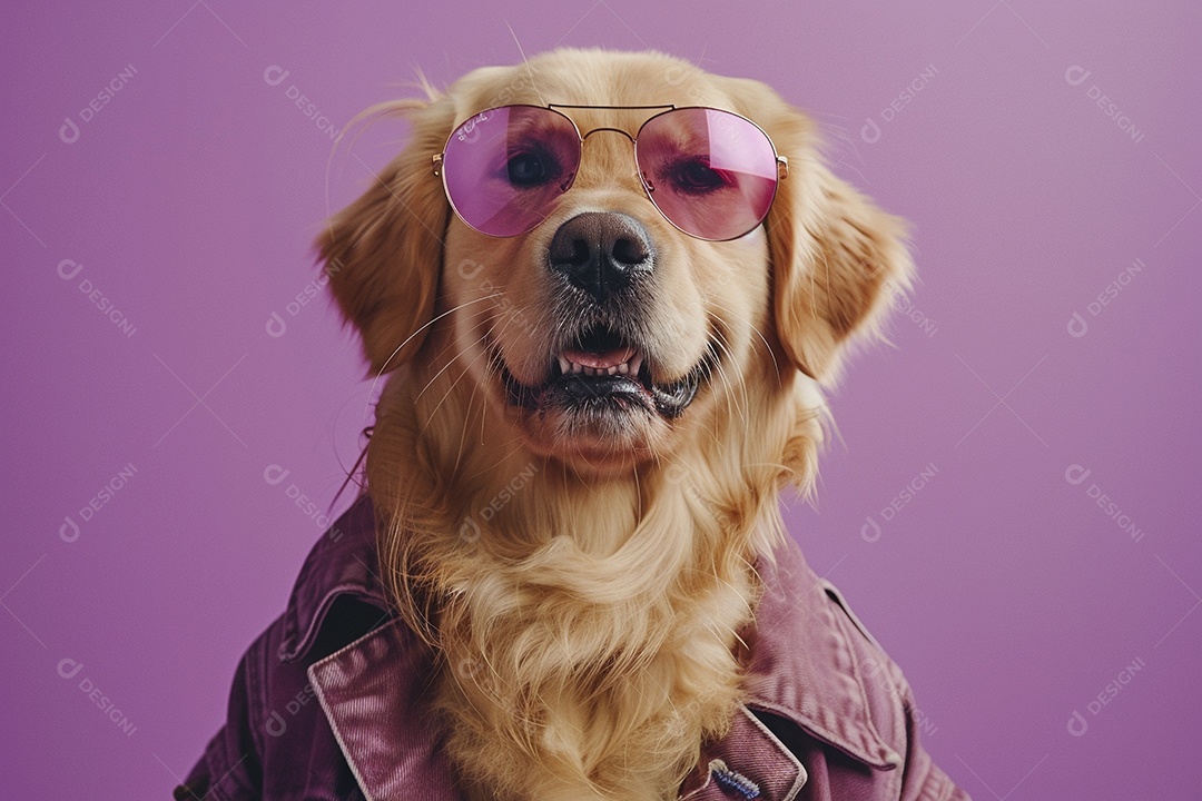 Golden Retriever vestindo roupas e óculos de sol em fundo isolado