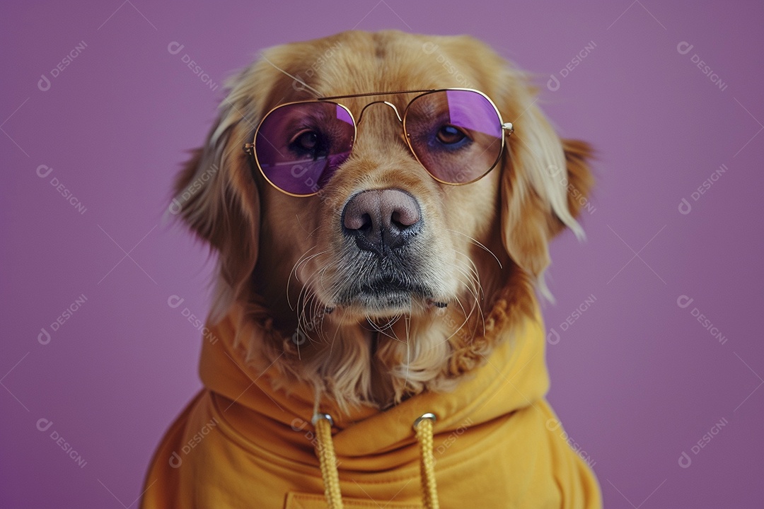 Golden Retriever vestindo roupas e óculos de sol em fundo isolado