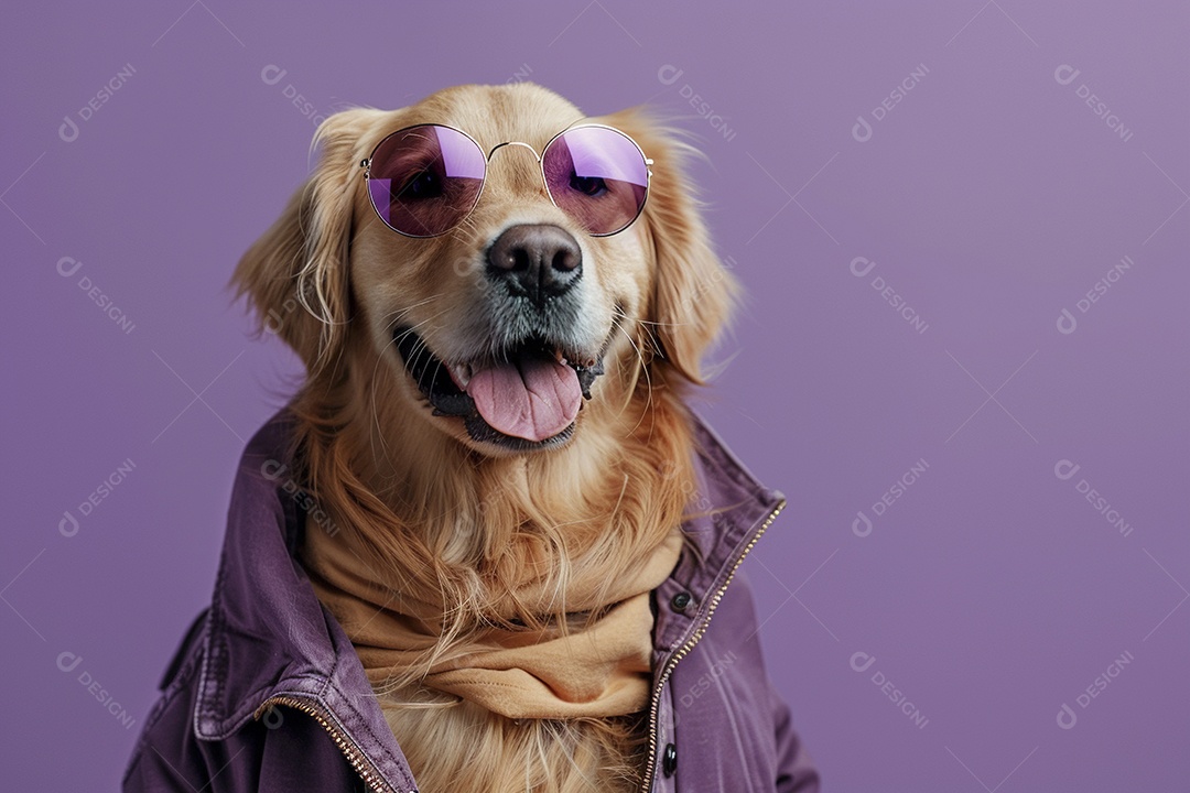 Golden Retriever vestindo roupas e óculos de sol em fundo isolado