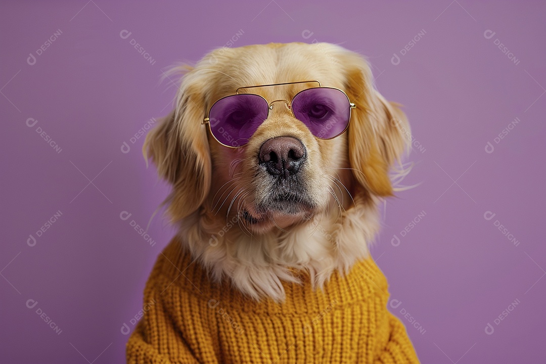 Golden Retriever vestindo roupas e óculos de sol em fundo isolado