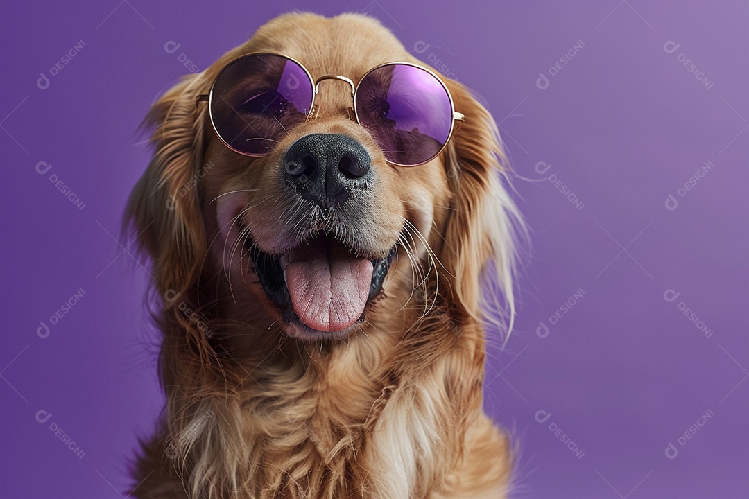 Golden Retriever vestindo roupas e óculos de sol em fundo isolado