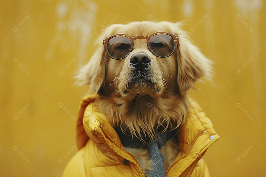 Golden Retriever vestindo roupas e óculos de sol em fundo isolado