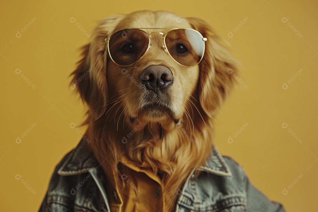 Golden Retriever vestindo roupas e óculos de sol em fundo isolado