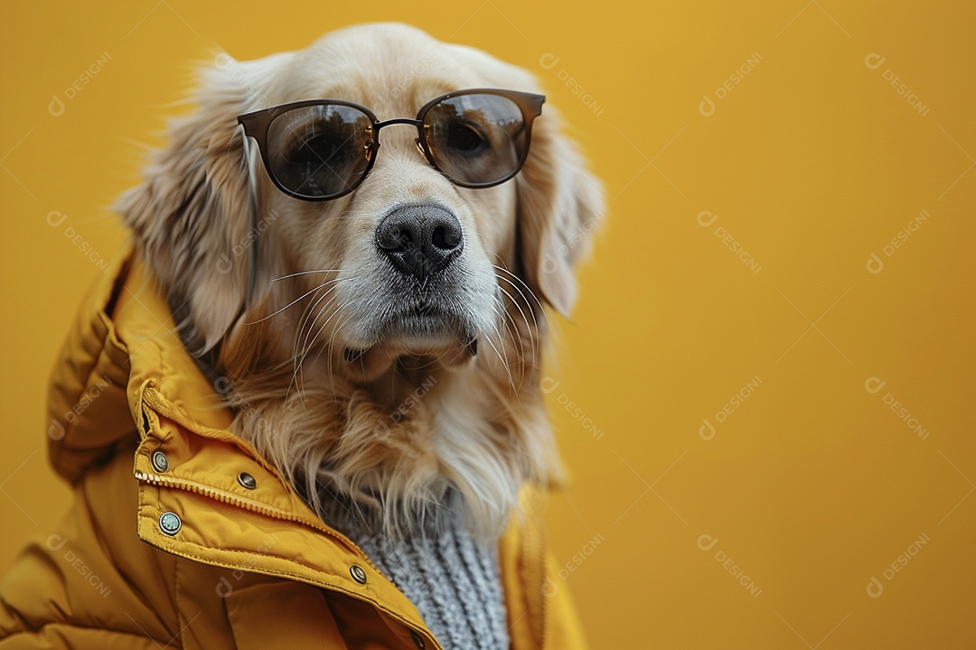 Golden Retriever vestindo roupas e óculos de sol em fundo isolado