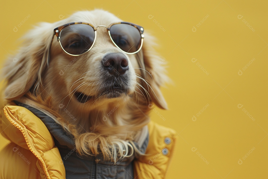 Golden Retriever vestindo roupas e óculos de sol em fundo isolado